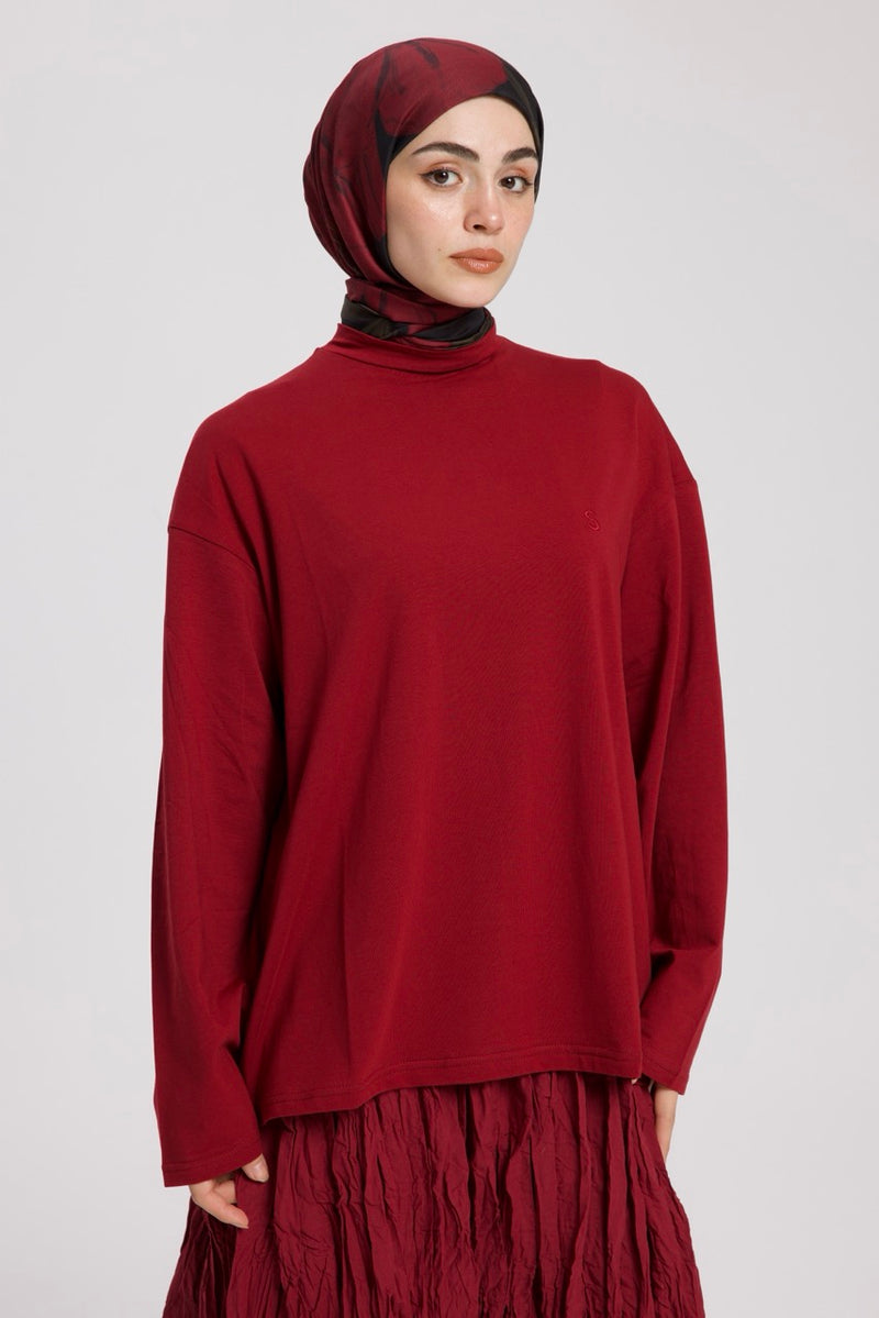 Dik Yaka Uzun Kollu Body Bordo