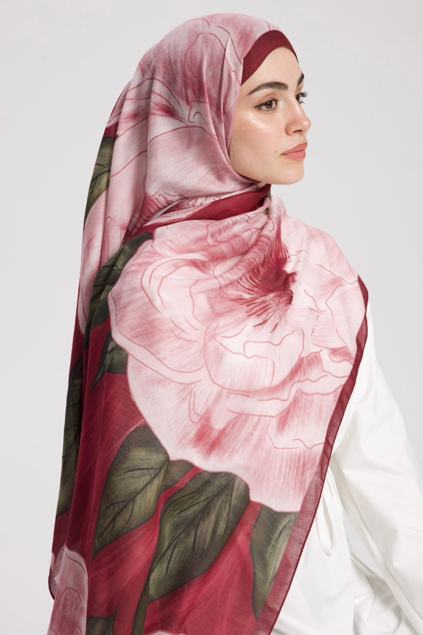 Şakayık Desen Soft Bambu Şal Bordo Pembe