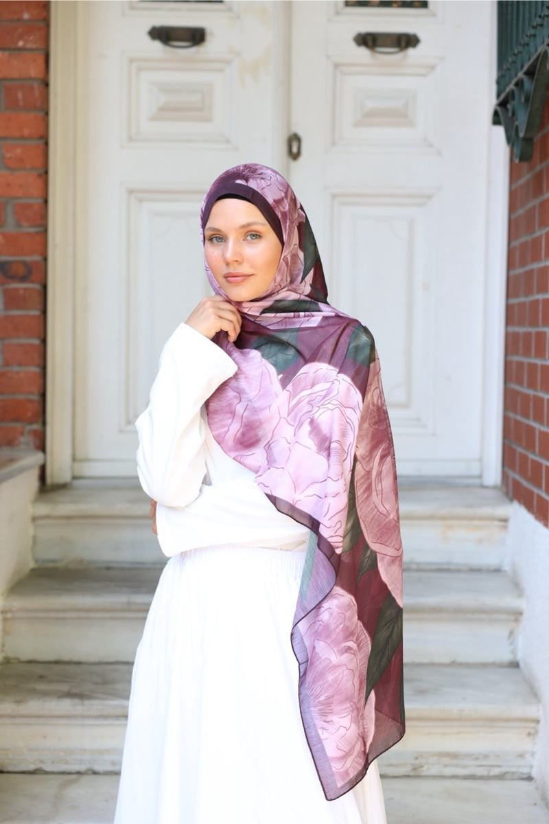 Şakayık Desen Soft Bambu Şal Bordo Pembe