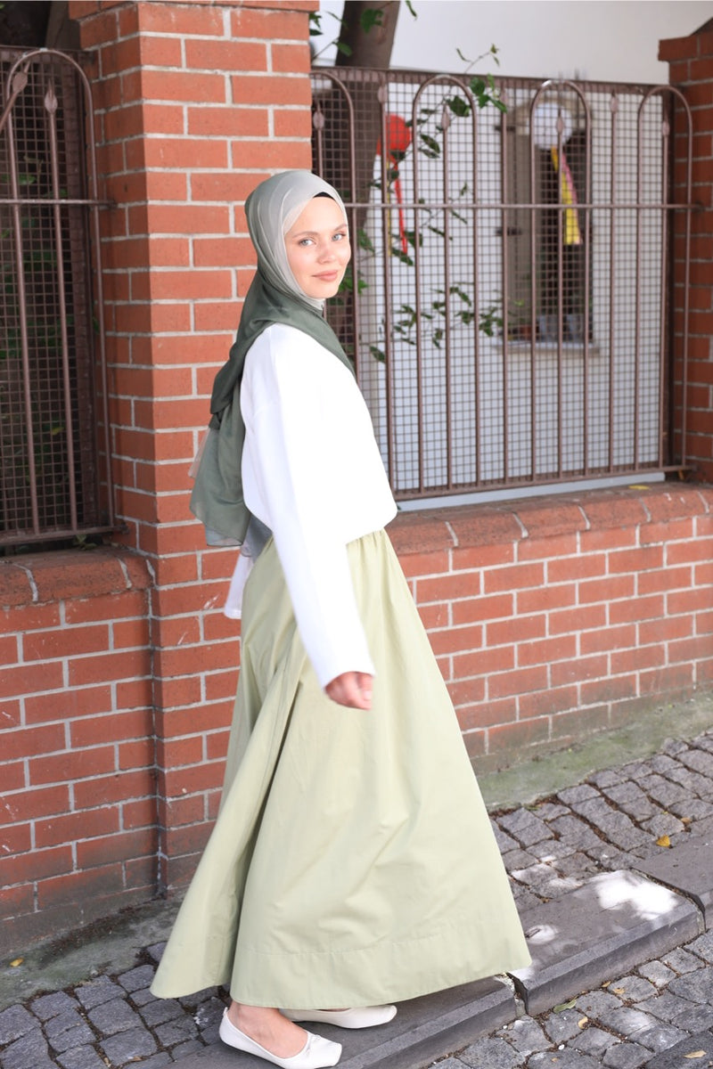 Düz Cepli Poplin Etek- 103CM Soft Yeşil