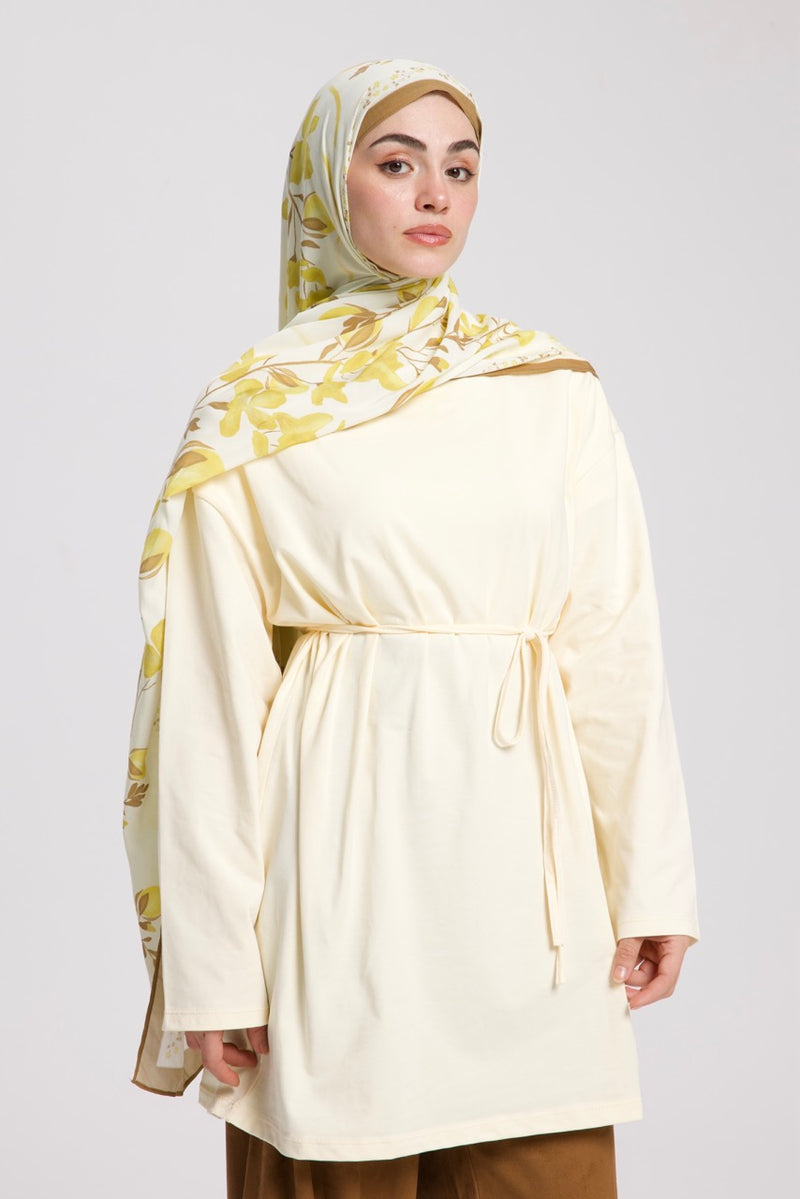 Dik Yaka 85 CM Tunik Krem