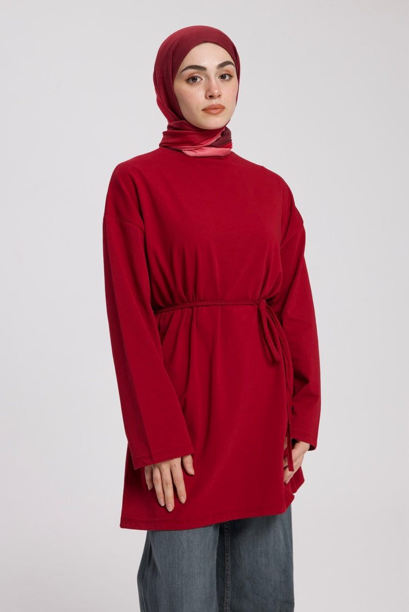 Dik Yaka 85 CM Tunik Bordo