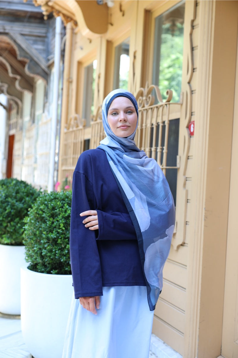 Lale Desen Soft Bambu Şal Mavi Lacivert