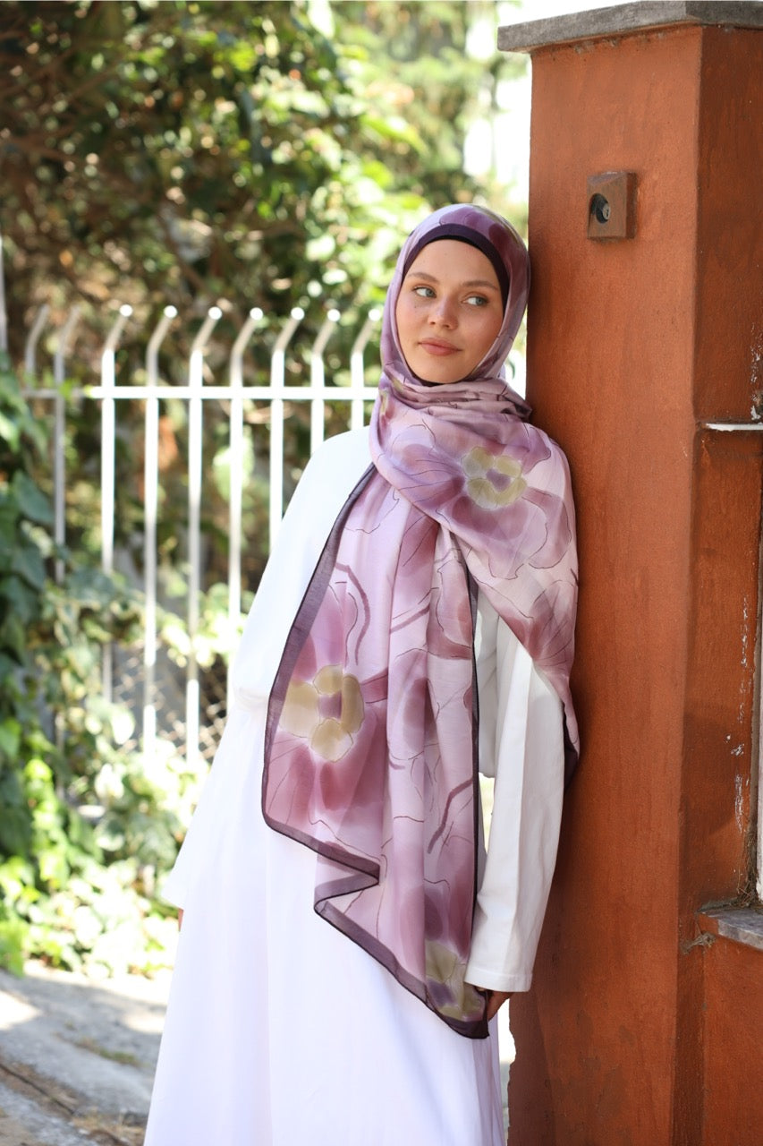 Orkide Desen Soft Bambu Şal Mürdüm