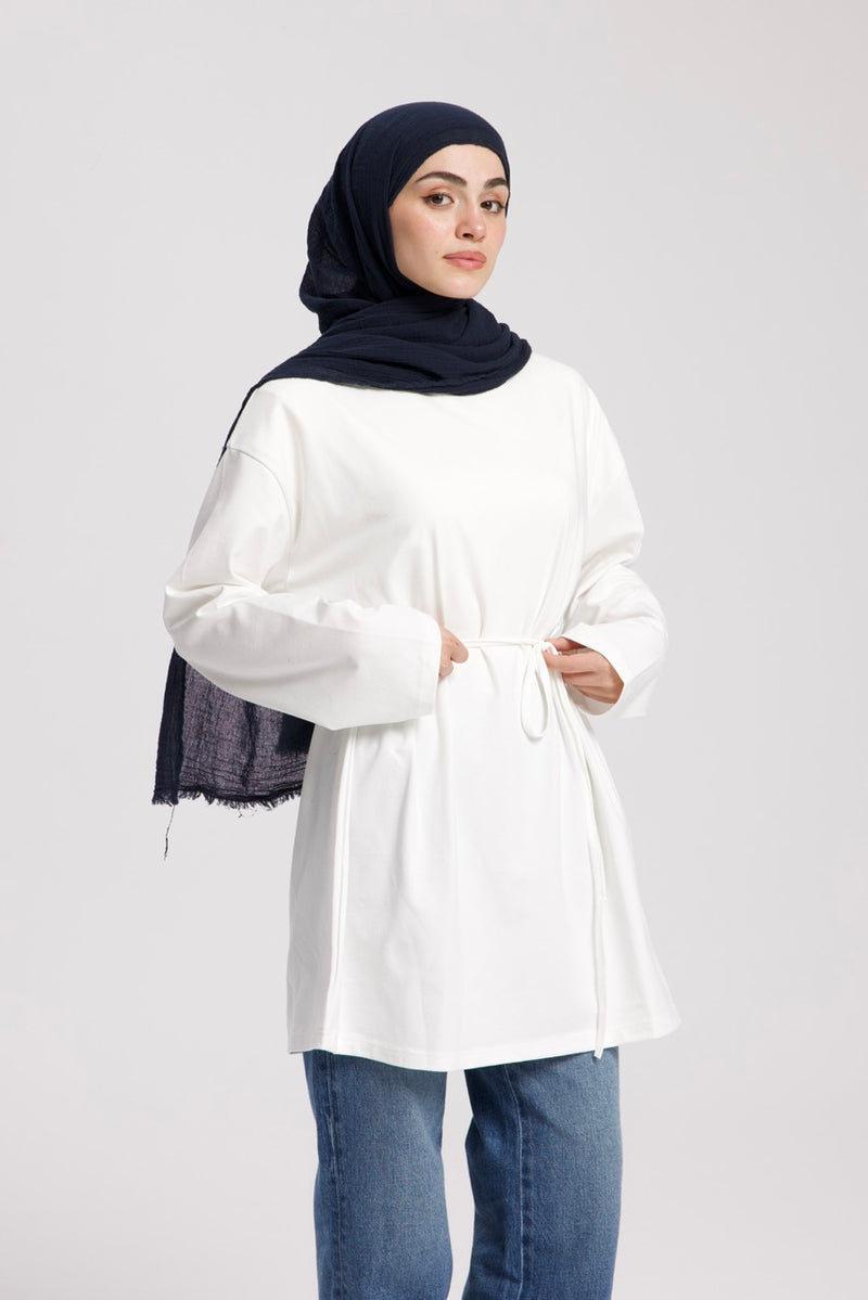 Dik Yaka 85 CM Tunik Beyaz
