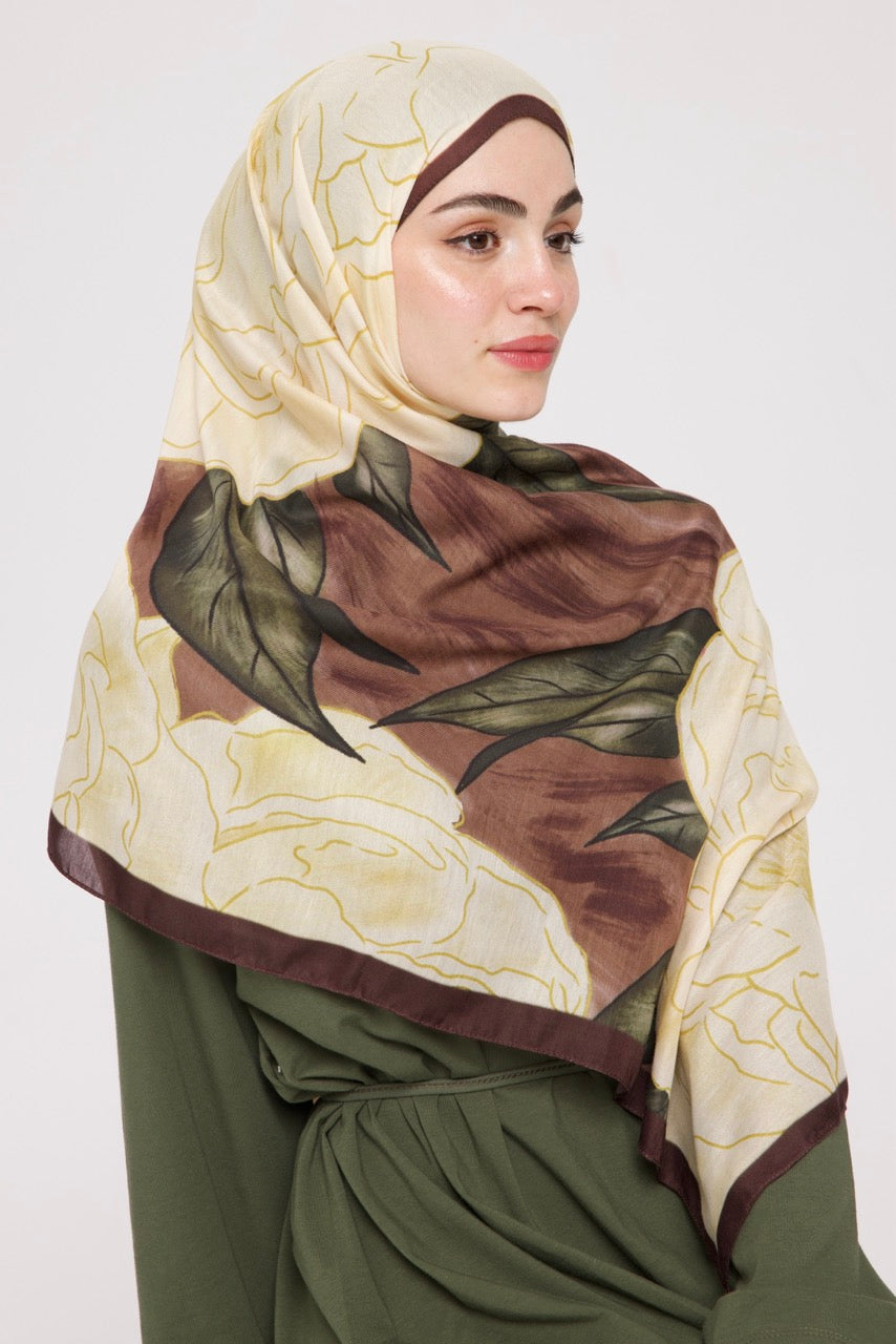 Şakayık Desen Soft Bambu Şal Sarı Kahve
