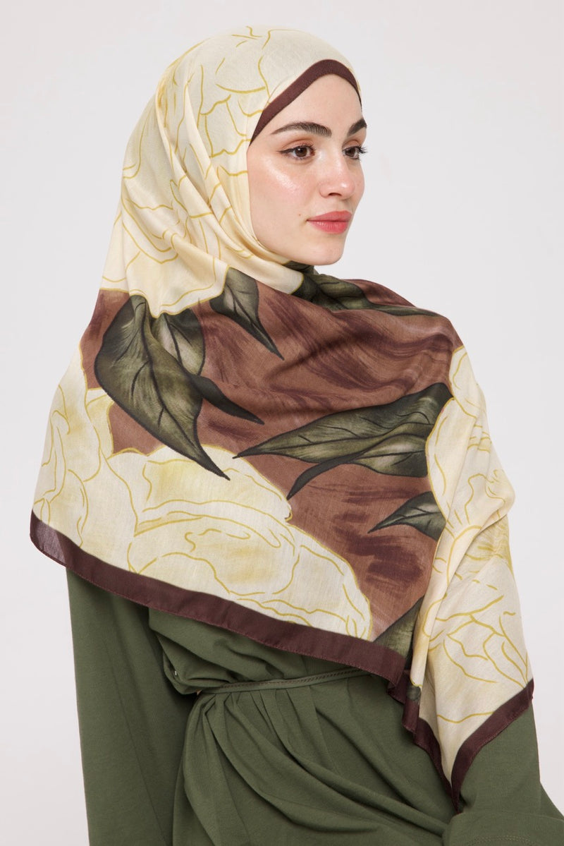 Şakayık Desen Soft Bambu Şal Sarı Kahve