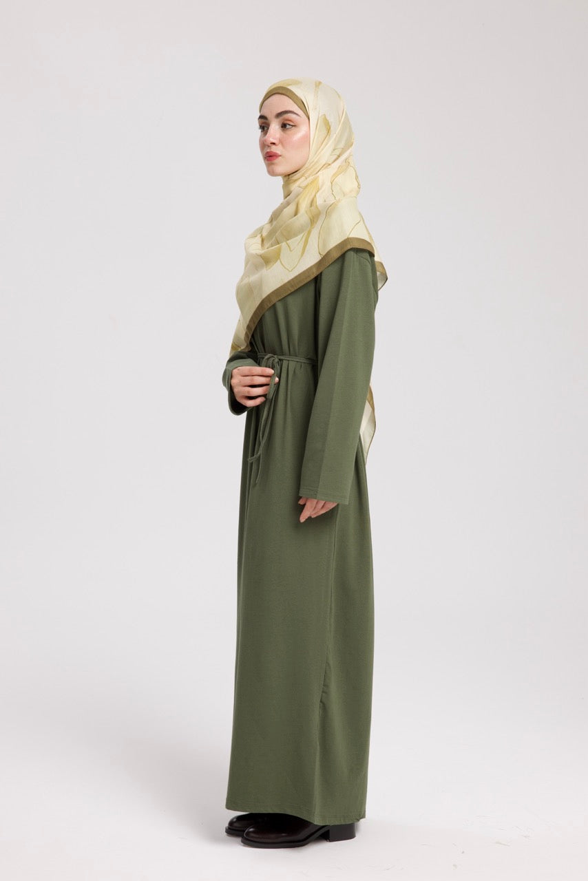 Dik Yaka 140 CM Elbise Koyu Yeşil