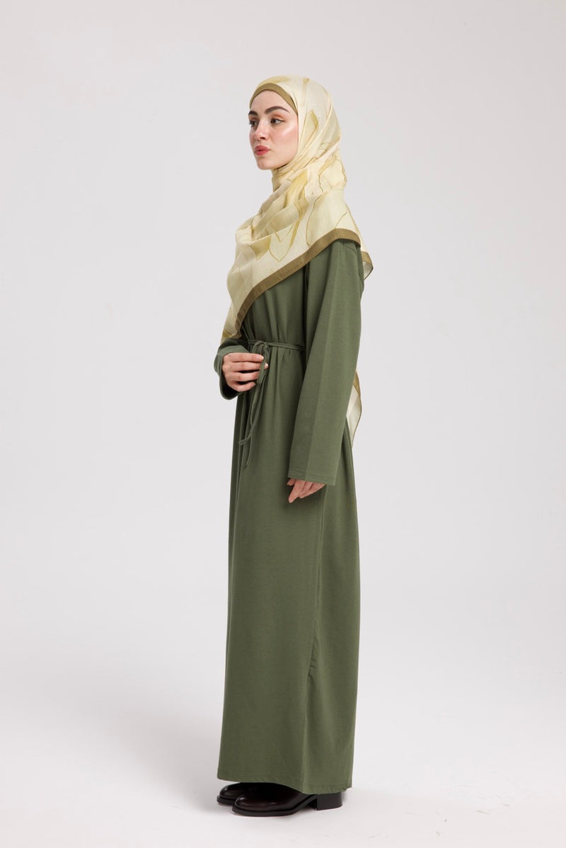 Dik Yaka 140 CM Elbise Koyu Yeşil