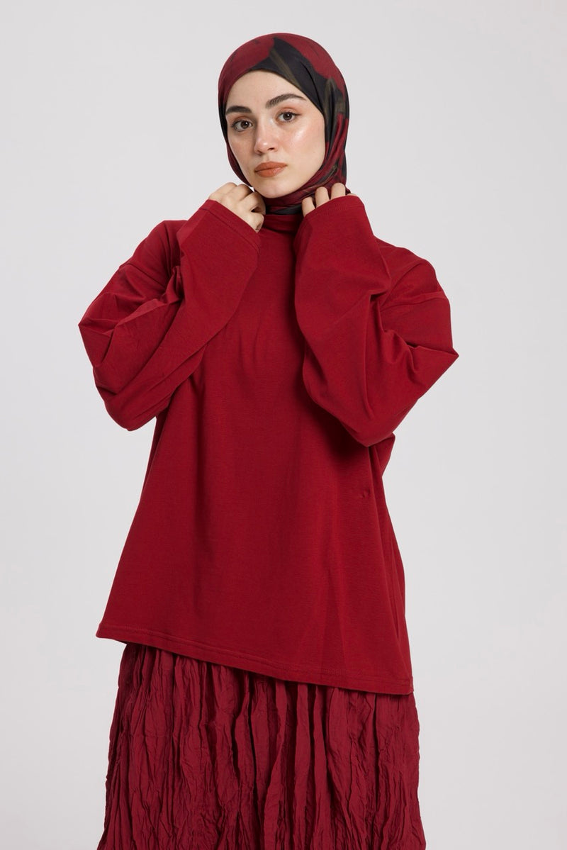 Dik Yaka Uzun Kollu Body Bordo