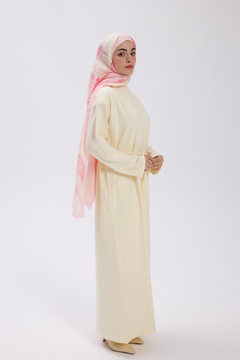 Dik Yaka 140 CM Elbise Krem