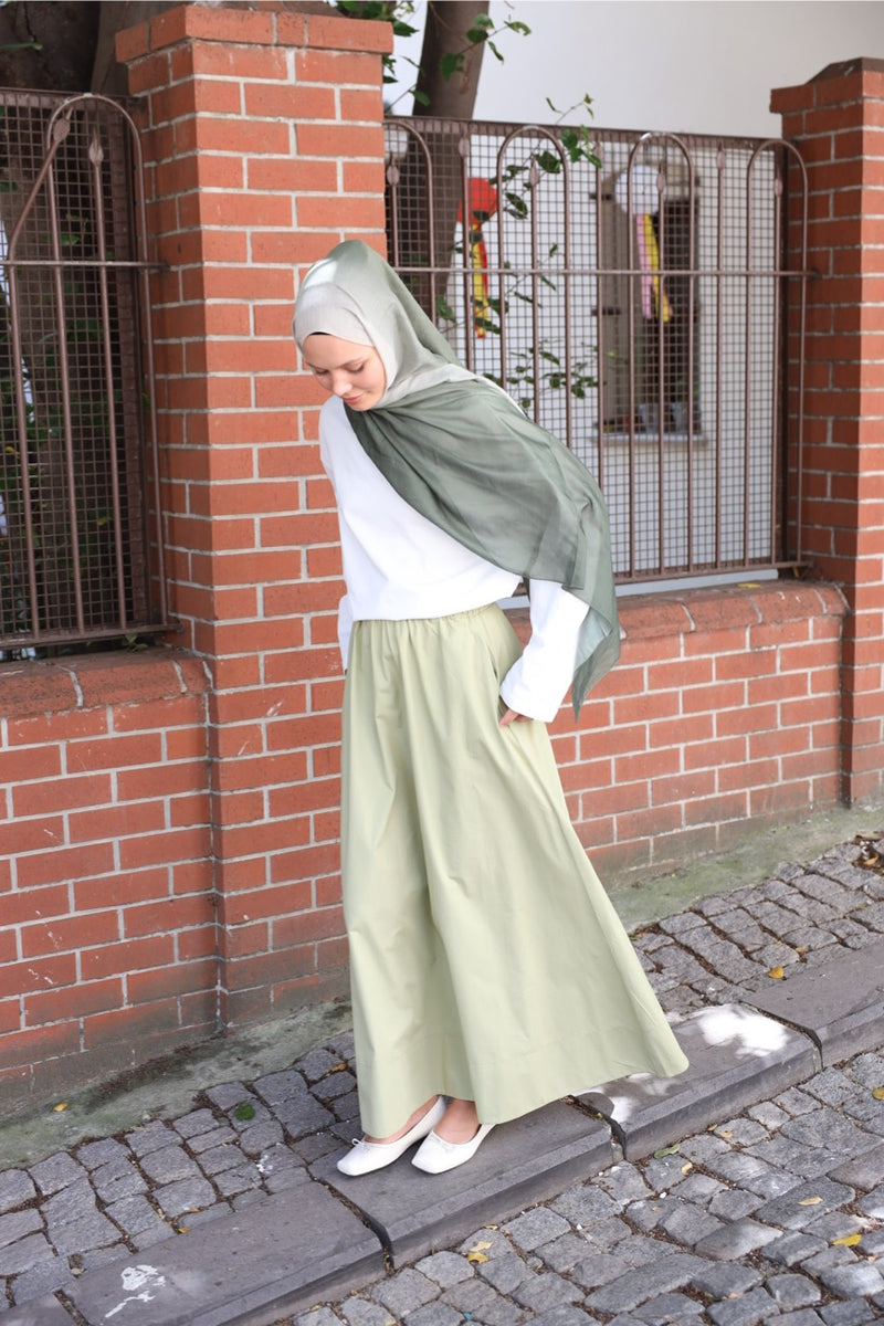 Düz Cepli Poplin Etek- 103CM Soft Yeşil