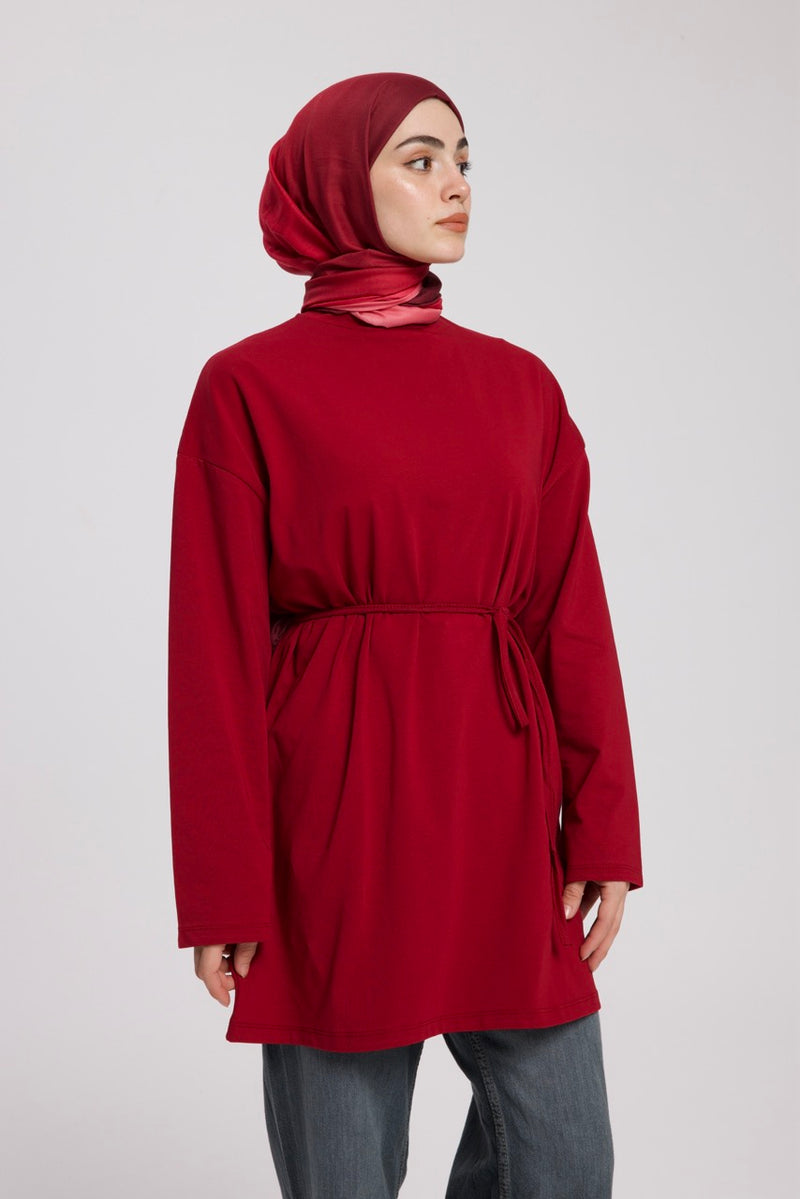 Dik Yaka 85 CM Tunik Bordo