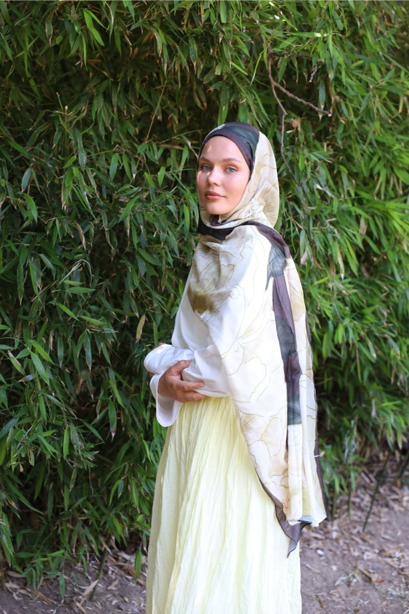 Şakayık Desen Soft Bambu Şal Sarı Kahve