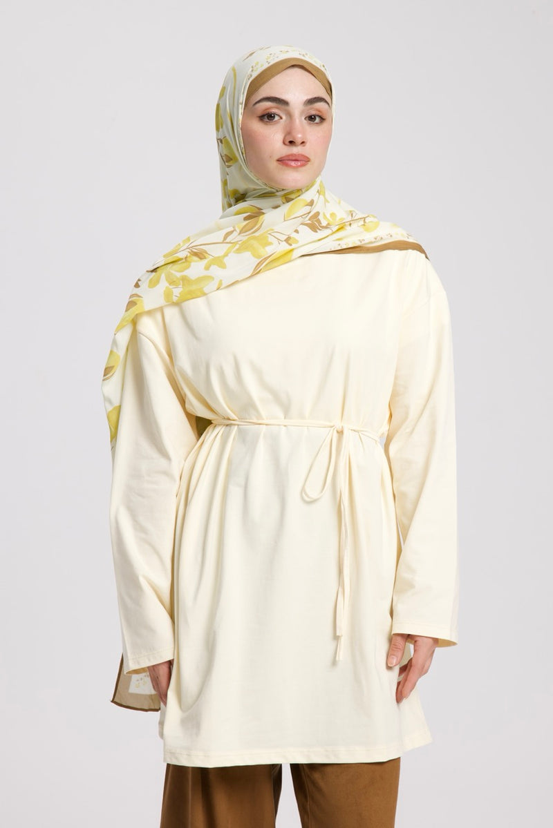 Dik Yaka 85 CM Tunik Krem
