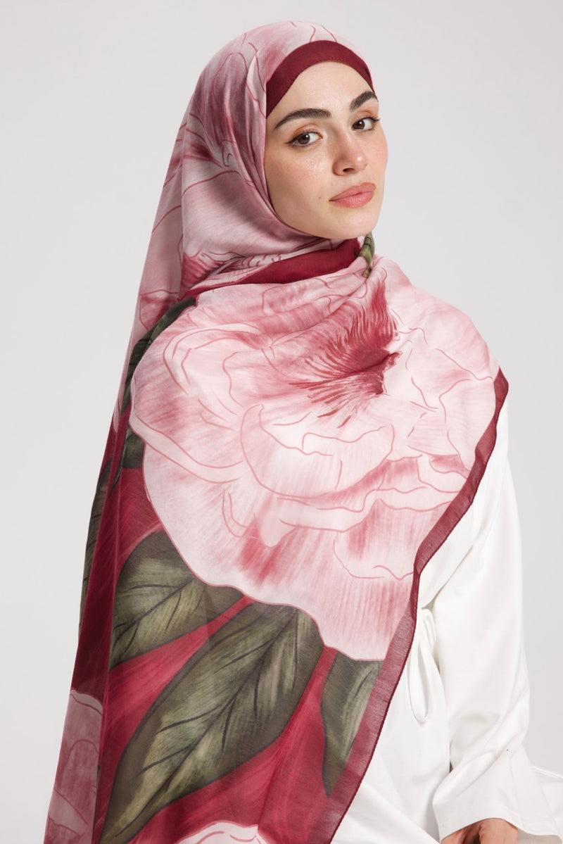 Şakayık Desen Soft Bambu Şal Bordo Pembe