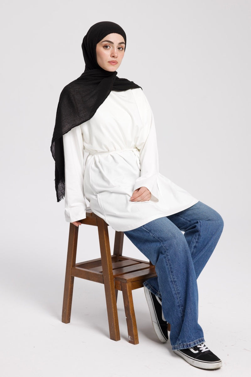 Dik Yaka 85 CM Tunik Beyaz