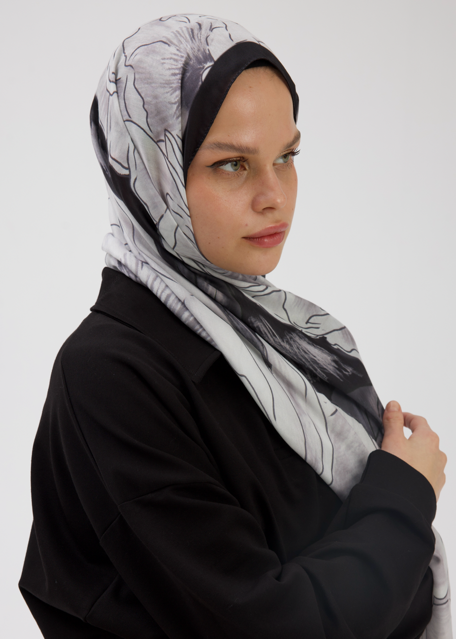 Şakayık Desen Soft Bambu Şal Siyah Beyaz