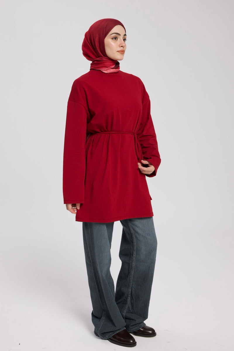 Dik Yaka 85 CM Tunik Bordo