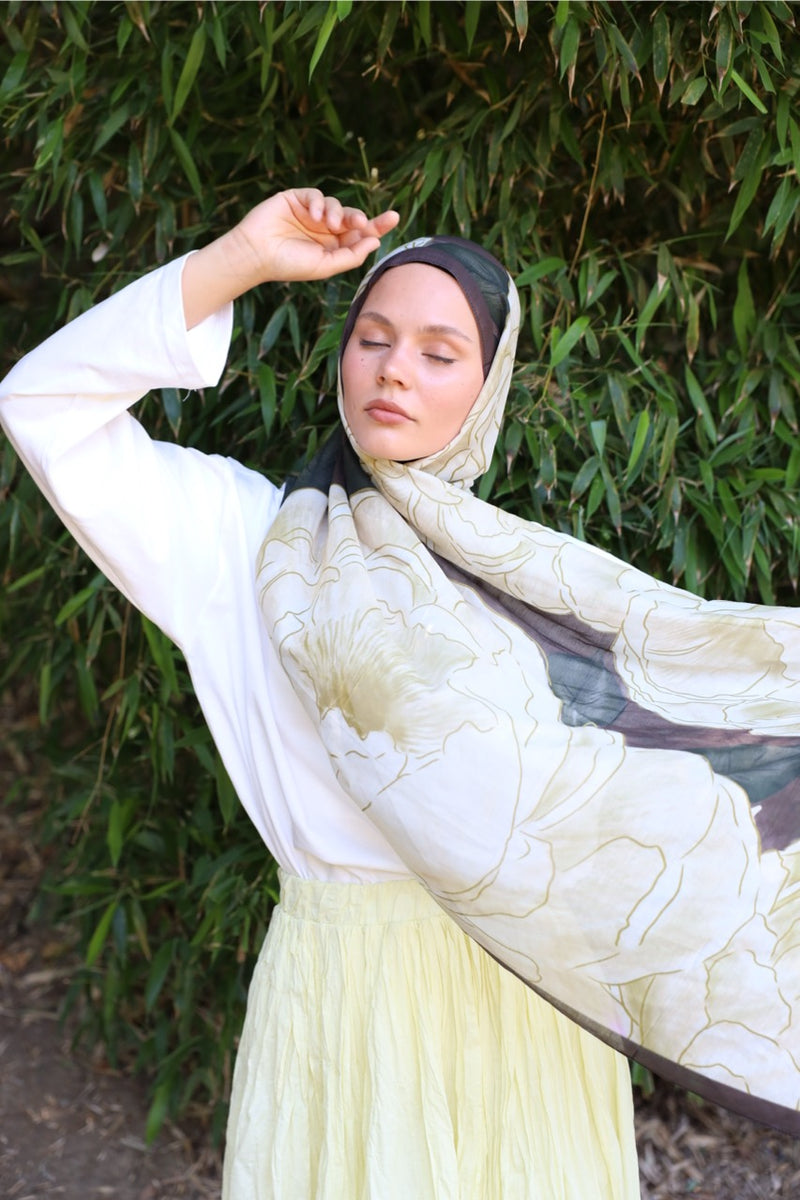 Şakayık Desen Soft Bambu Şal Sarı Kahve