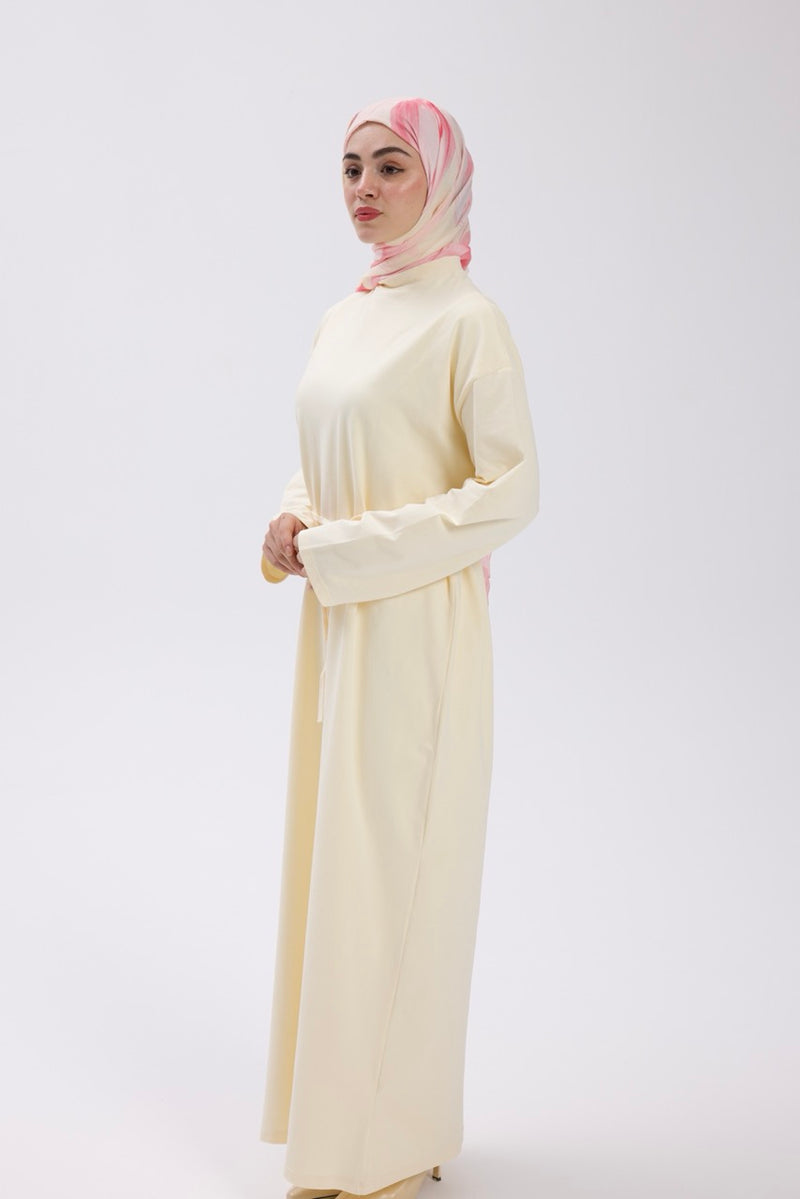 Dik Yaka 140 CM Elbise Krem