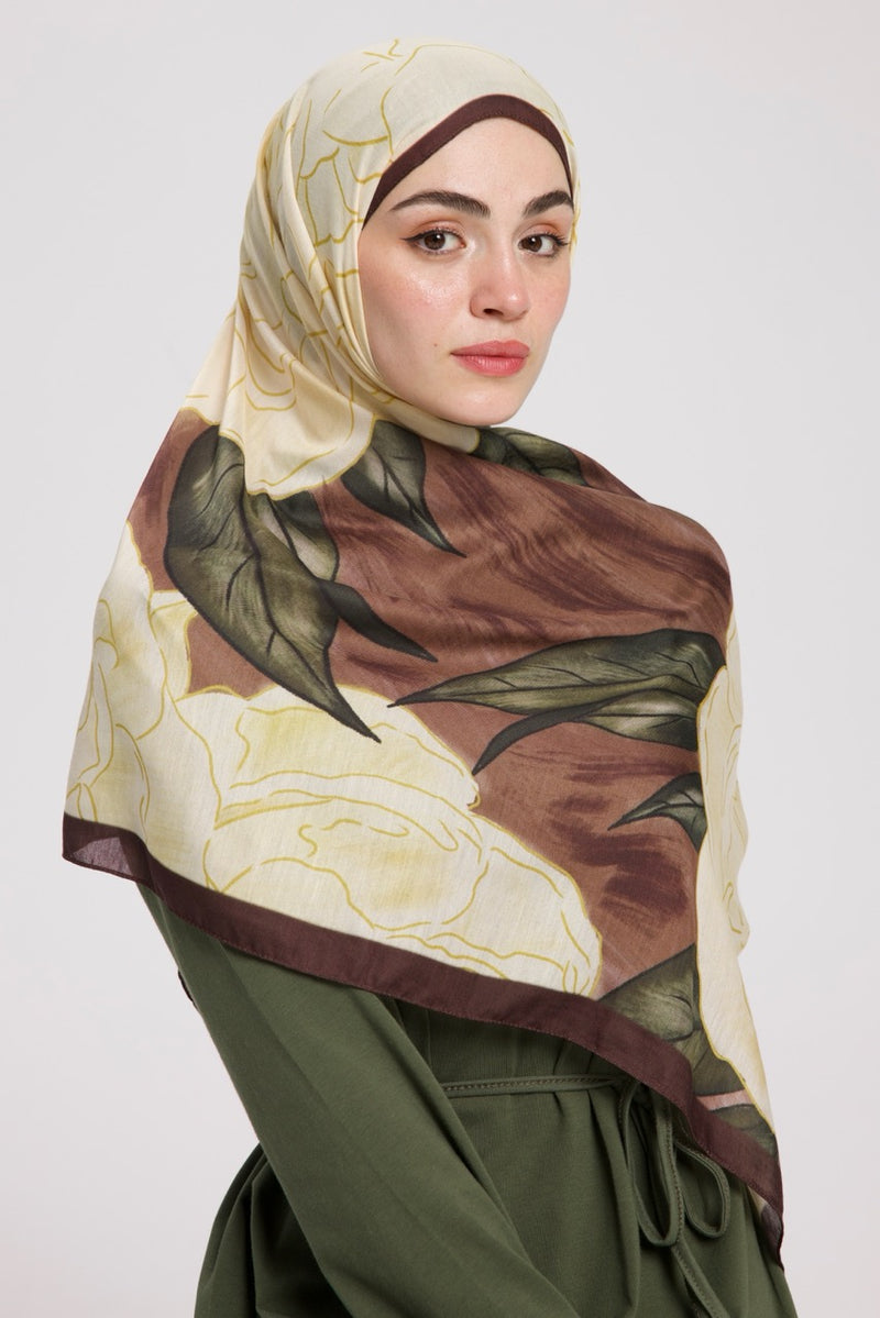Şakayık Desen Soft Bambu Şal Sarı Kahve