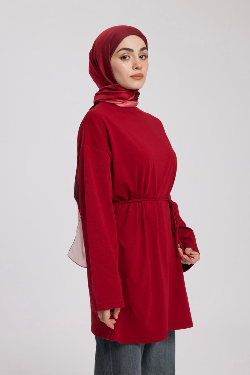 Dik Yaka 85 CM Tunik Bordo