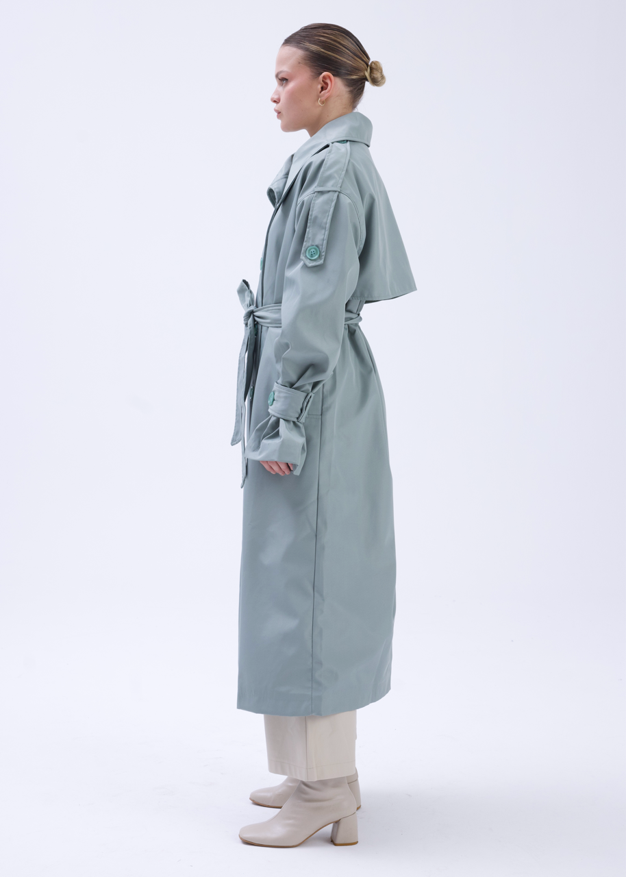 Dik Yaka Oversize Trençkot Mint Yeşili