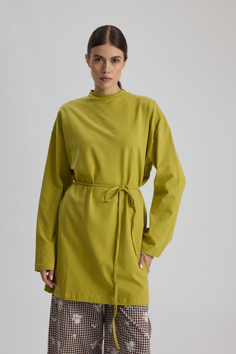 Dik Yaka 85 CM Tunik Yağ Yeşili