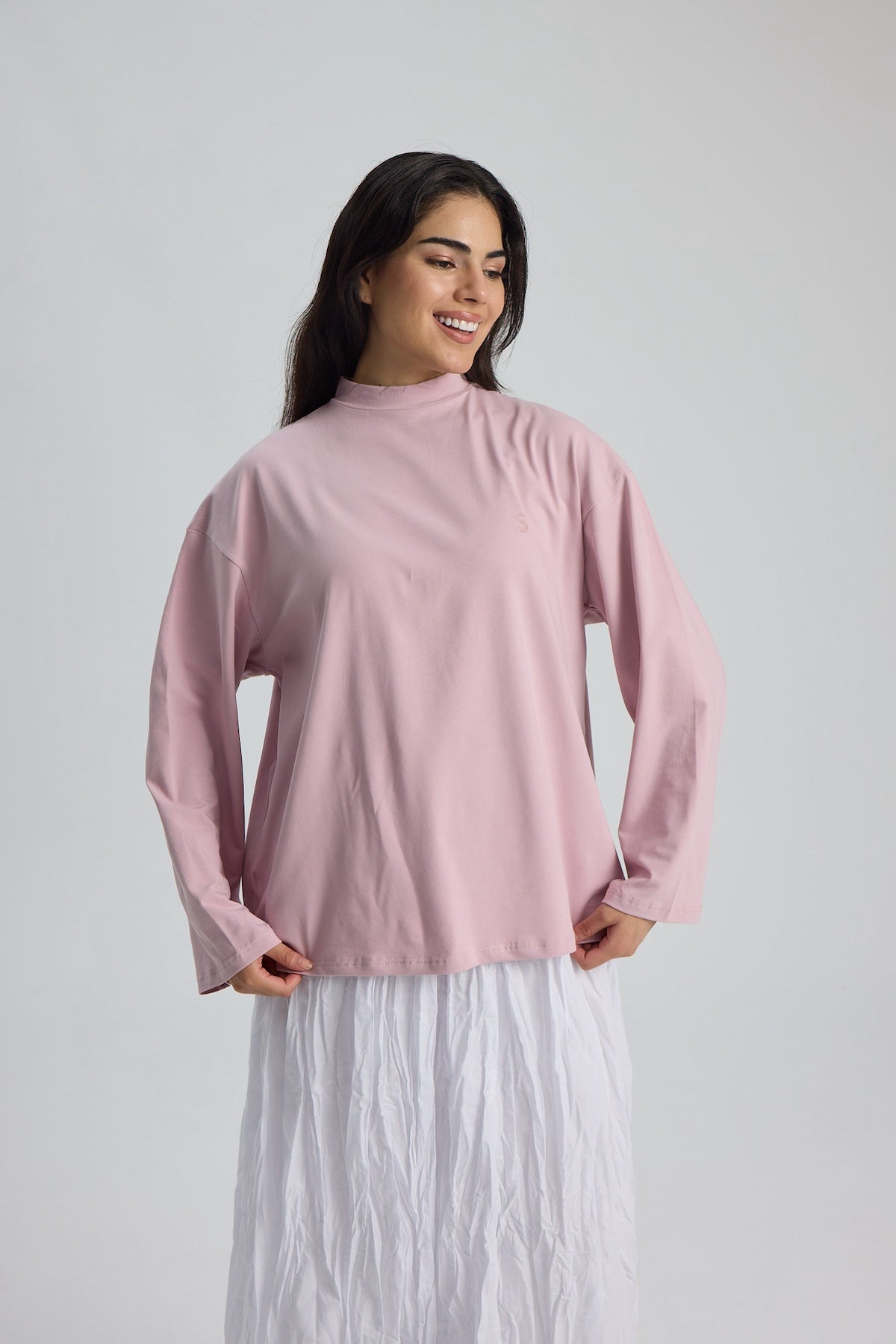 Dik Yaka Uzun Kollu Body Pembe