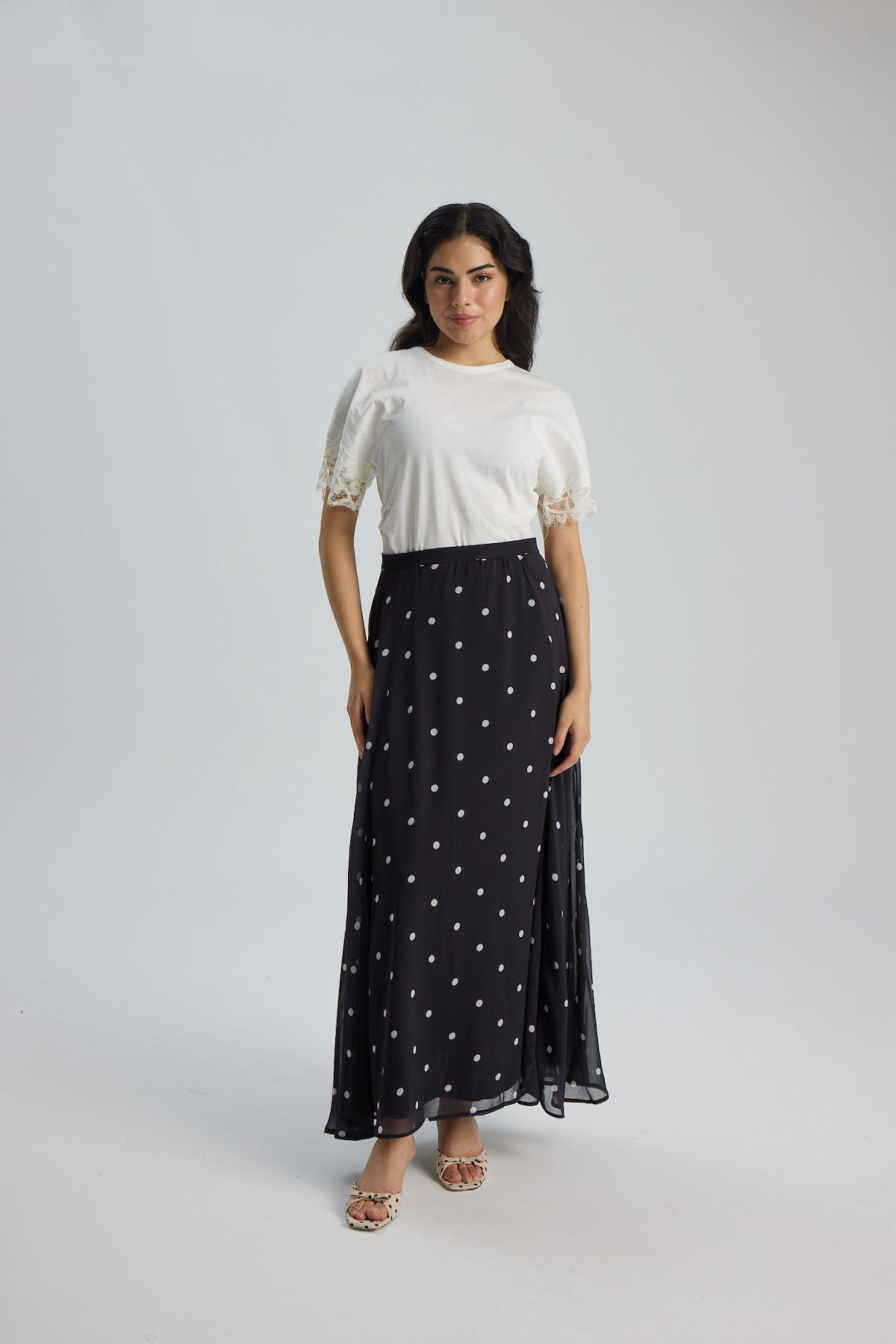Şifon Puantiye Desen Etek 100CM - Siyah