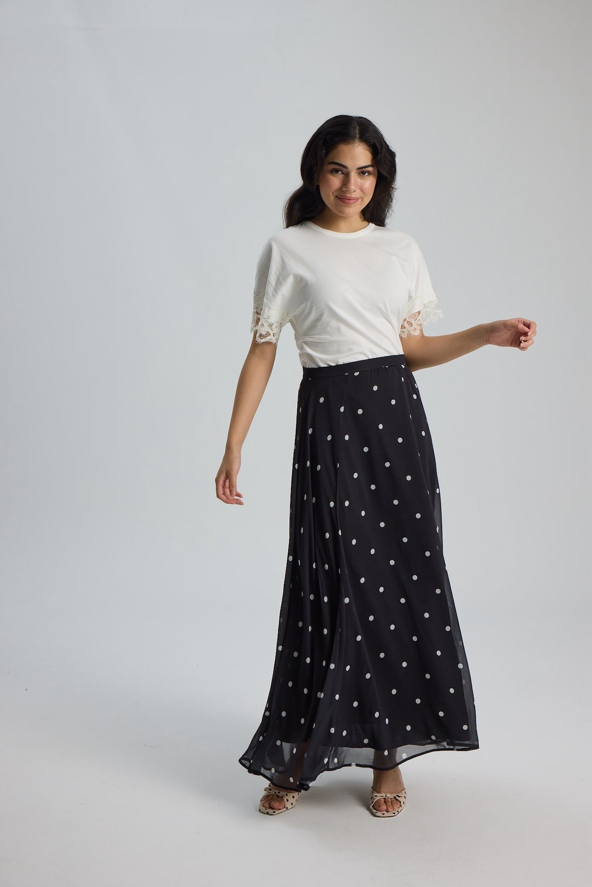 Şifon Puantiye Desen Etek 100CM - Siyah