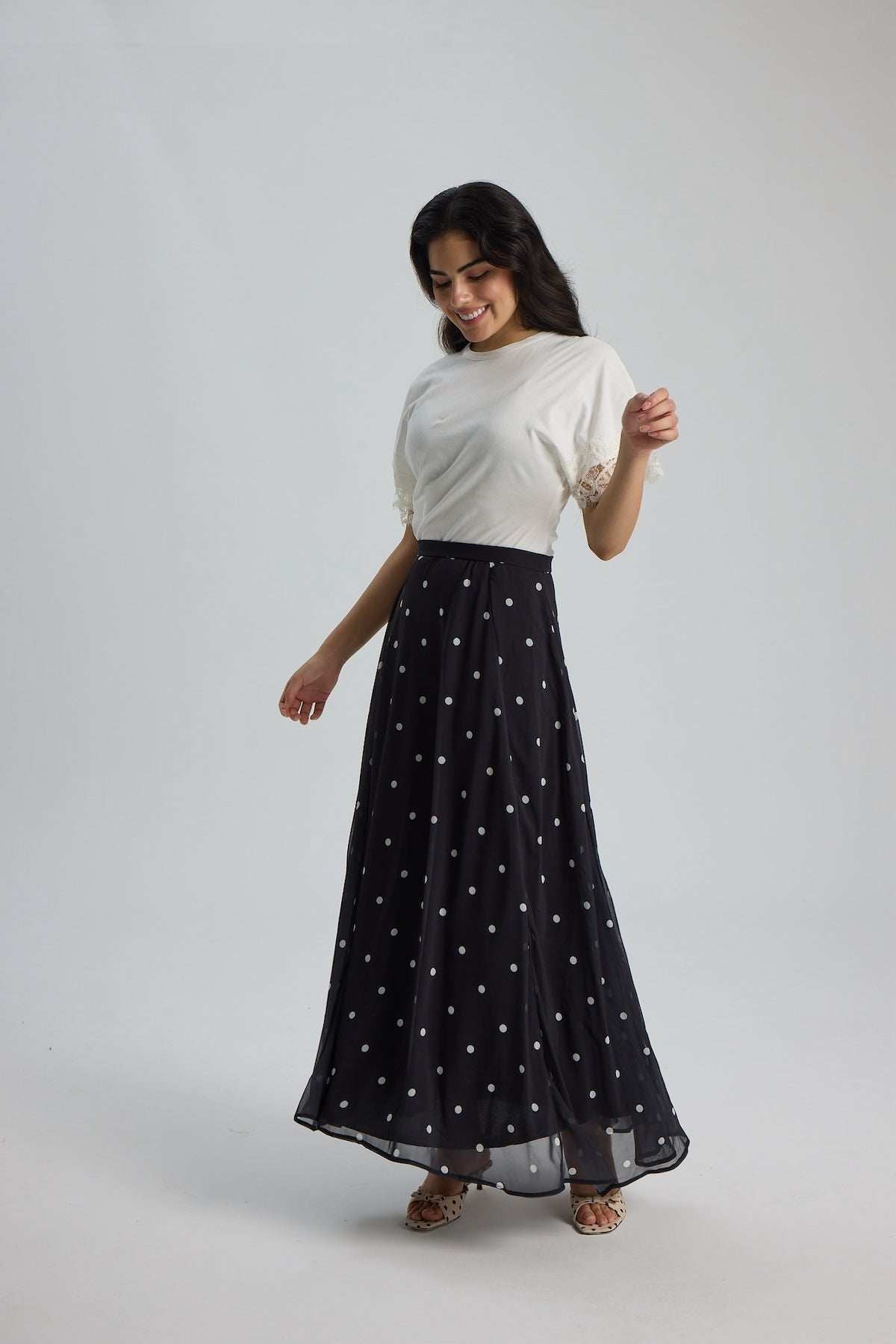 Şifon Puantiye Desen Etek 100CM - Siyah