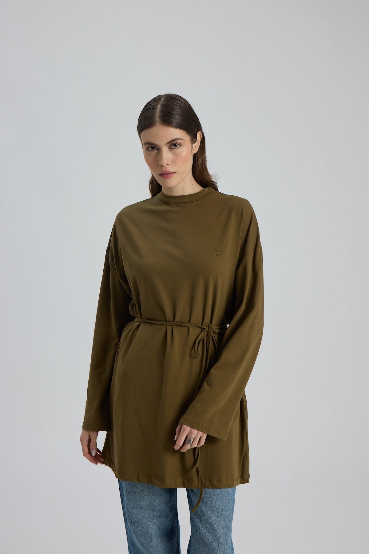 Dik Yaka 85 CM Tunik Koyu Yeşil