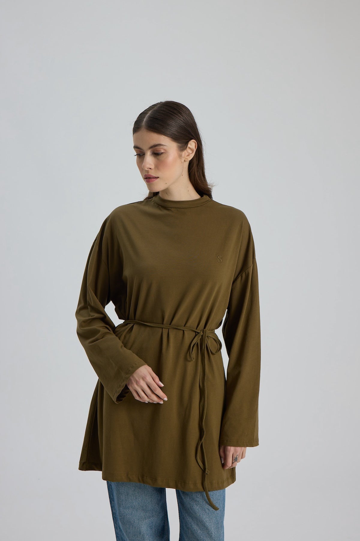 Dik Yaka 85 CM Tunik Koyu Yeşil