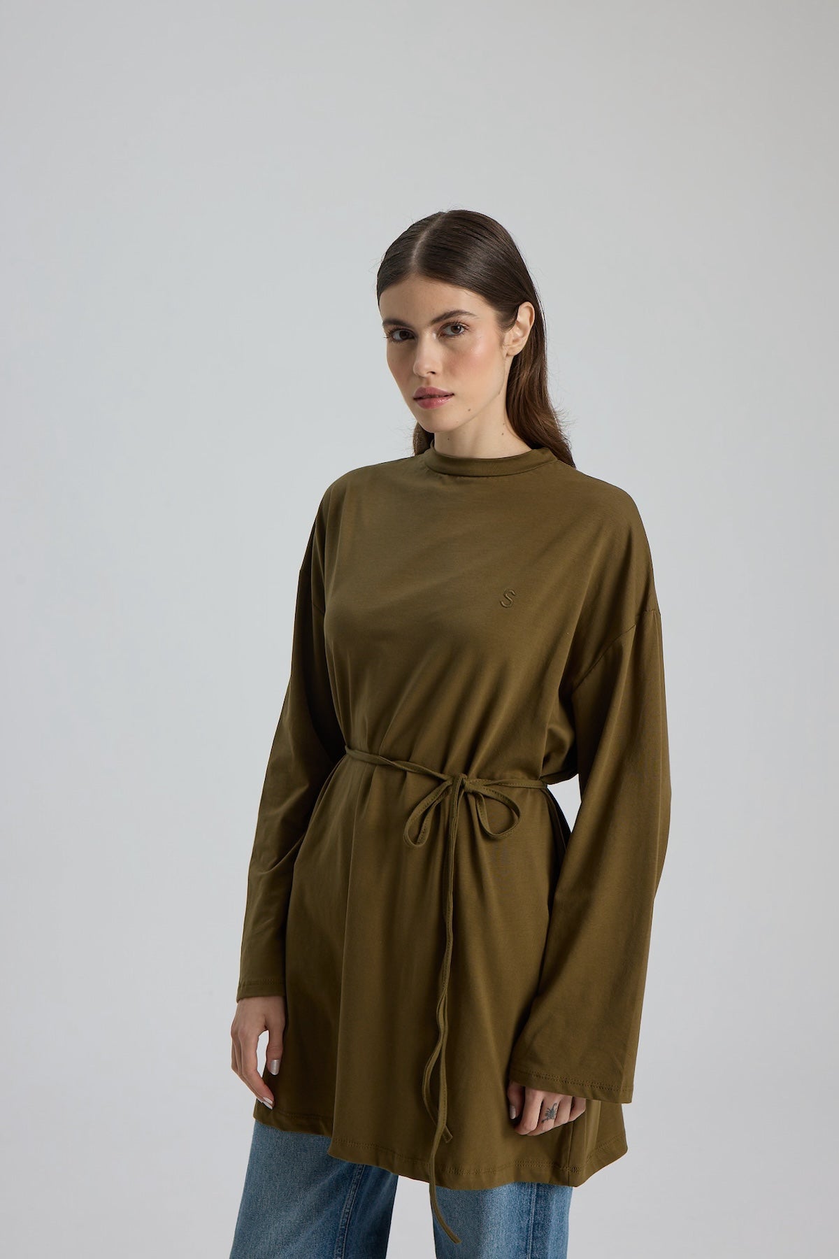 Dik Yaka 85 CM Tunik Koyu Yeşil