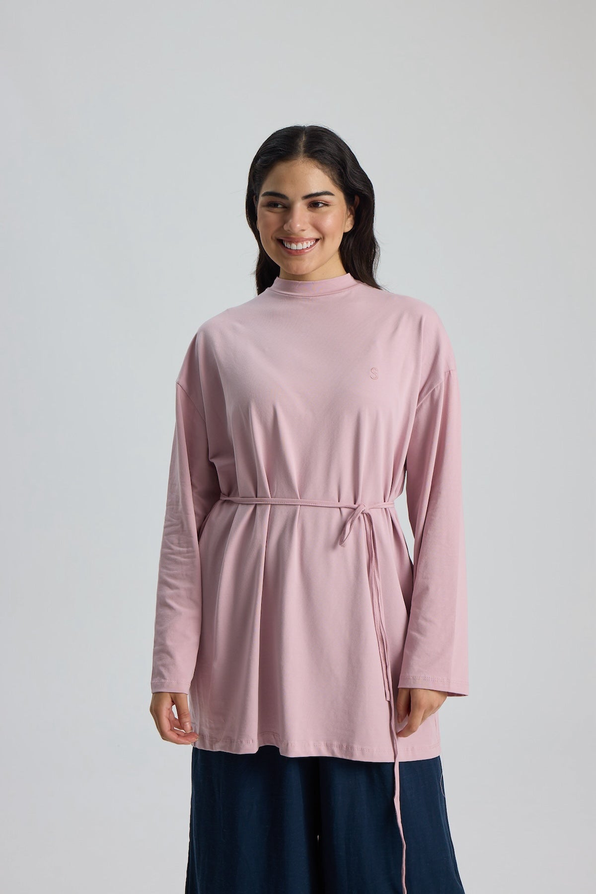 Dik Yaka 85 CM Tunik Pembe