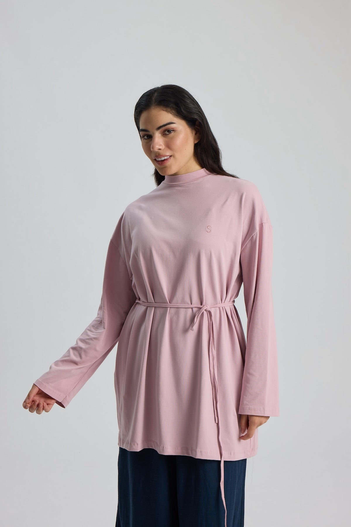 Dik Yaka 85 CM Tunik Pembe