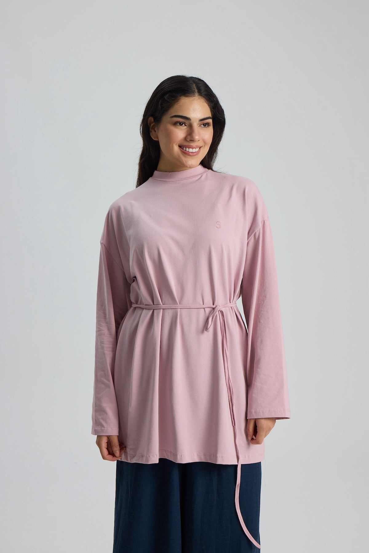 Dik Yaka 85 CM Tunik Pembe