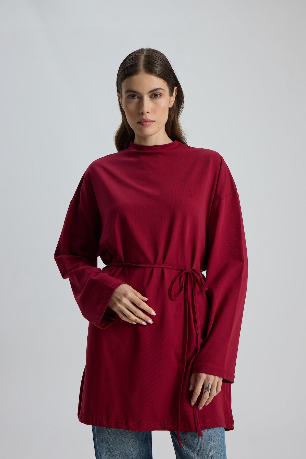 Dik Yaka 85 CM Tunik Bordo