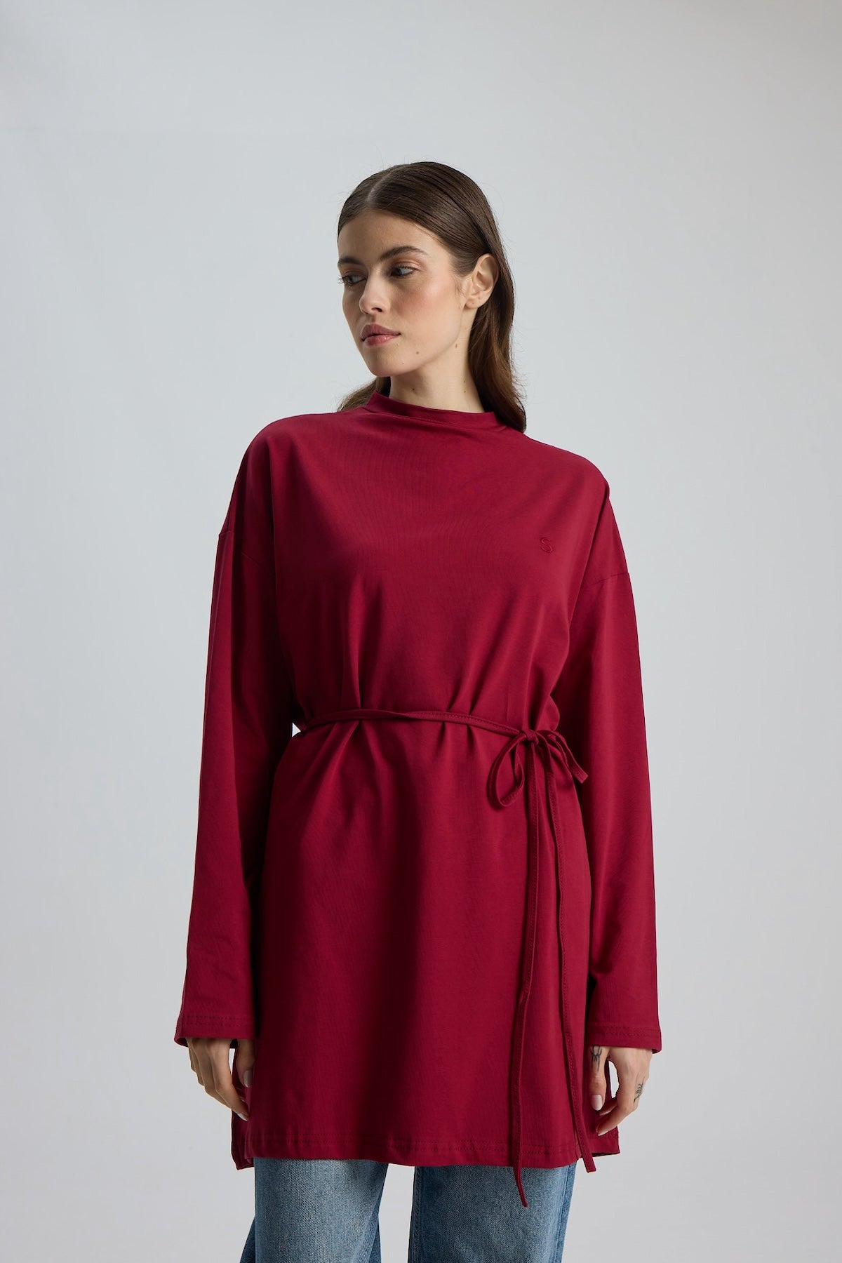 Dik Yaka 85 CM Tunik Bordo
