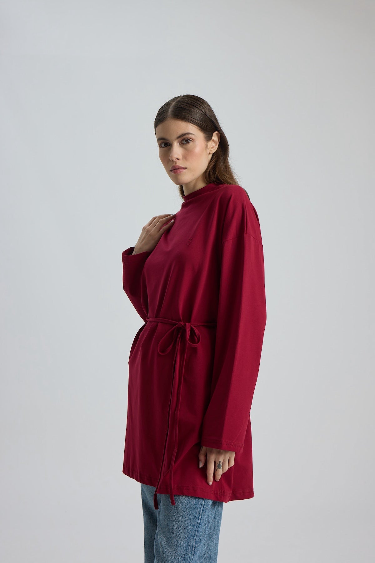 Dik Yaka 85 CM Tunik Bordo