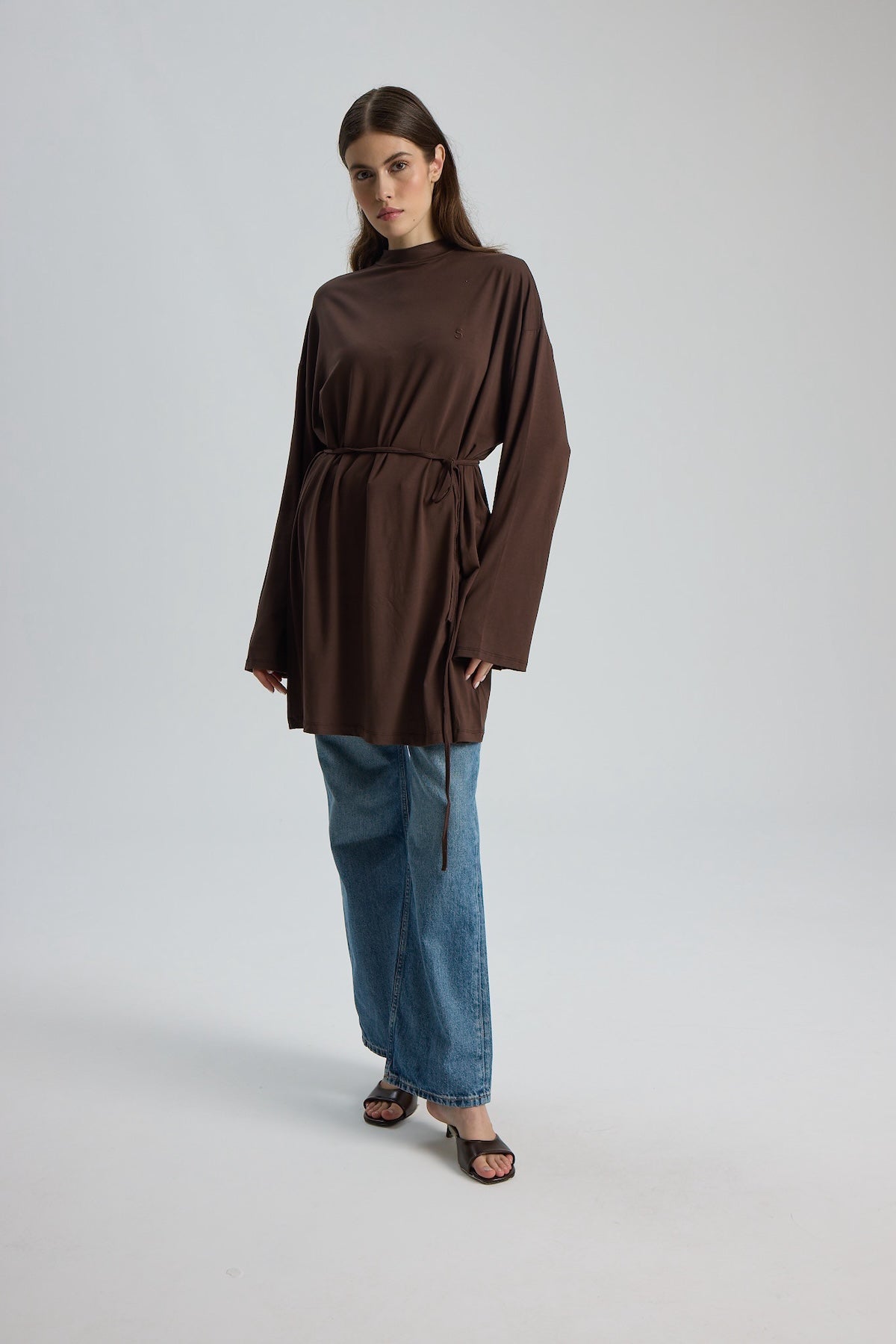 Dik Yaka 85 CM Tunik Kahverengi
