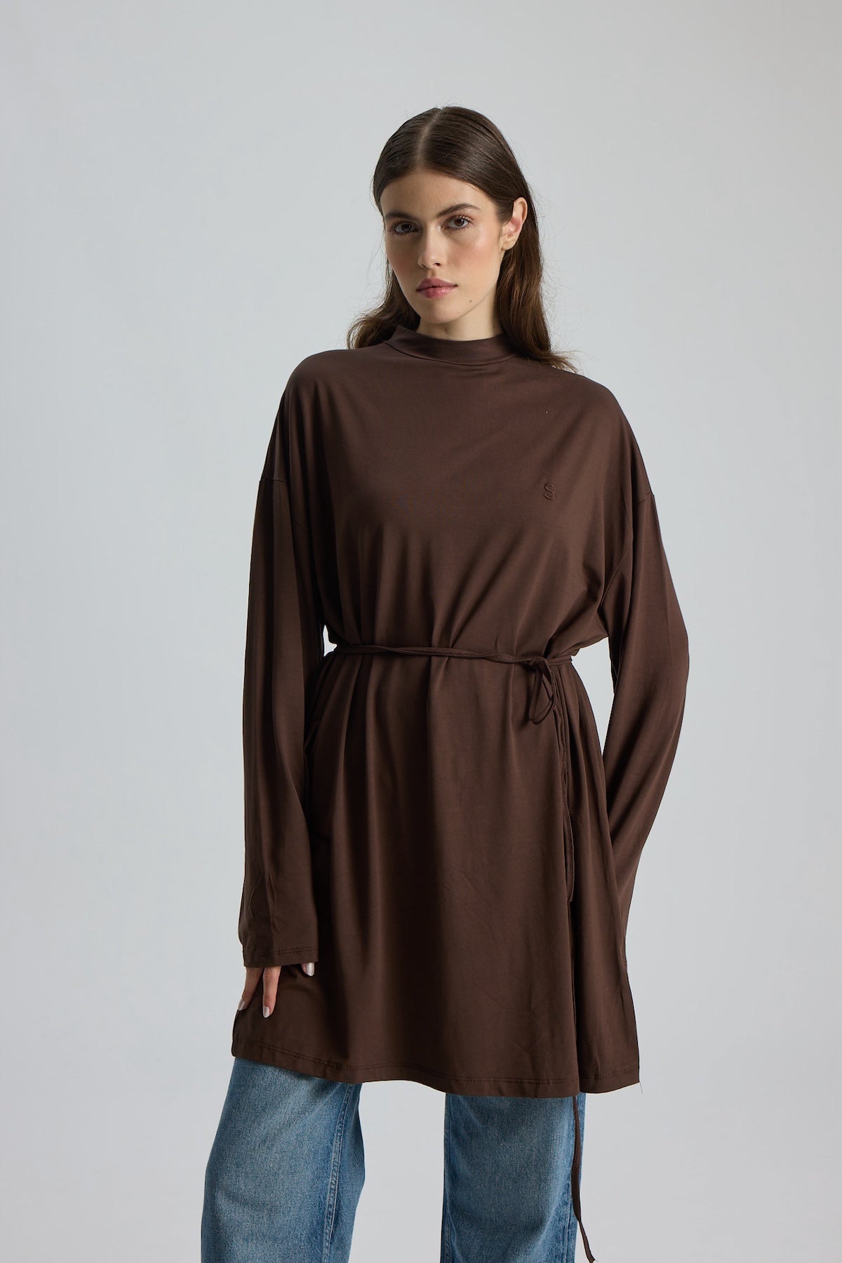 Dik Yaka 85 CM Tunik Kahverengi