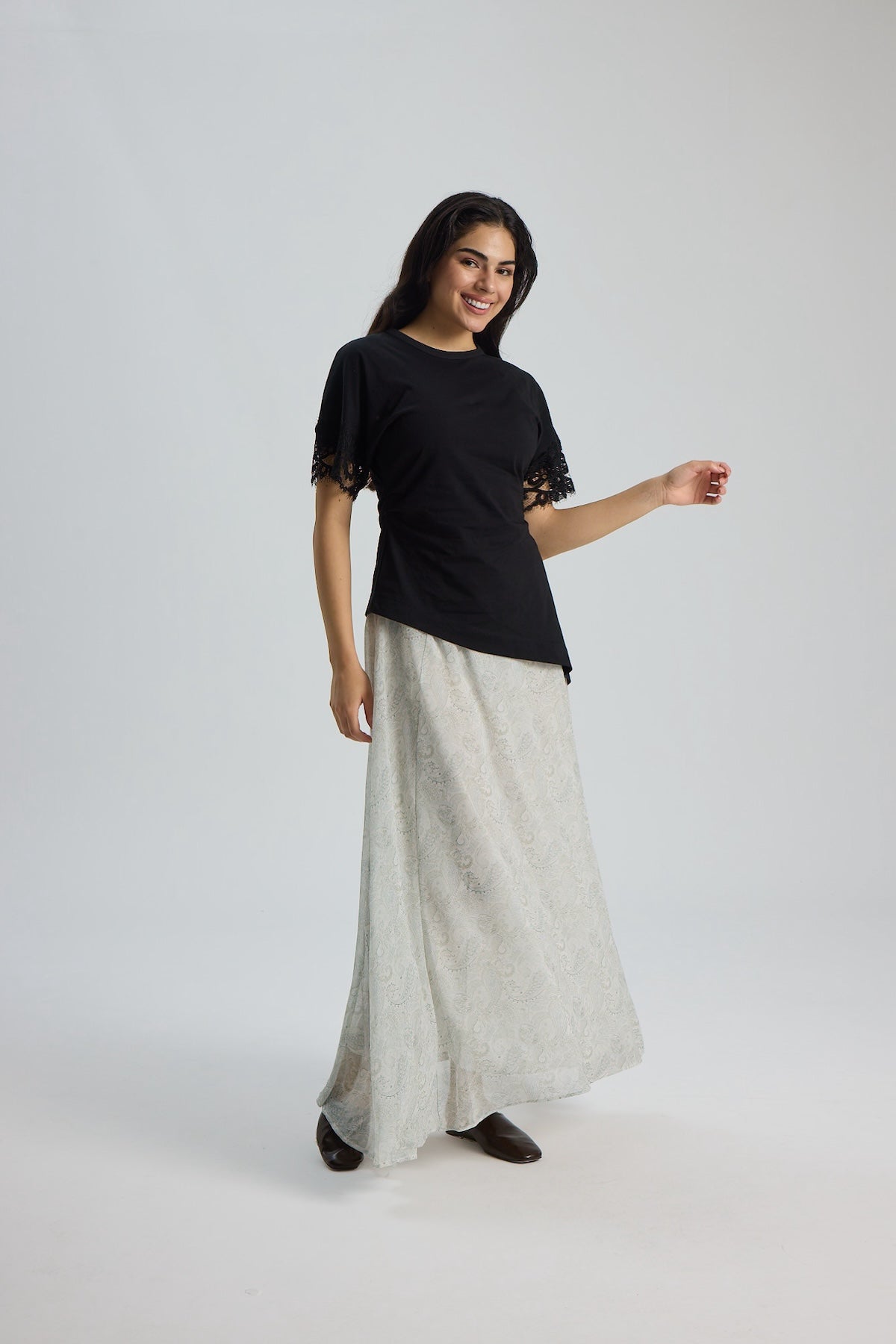 Şifon Etnik Desen Etek 100CM – Krem