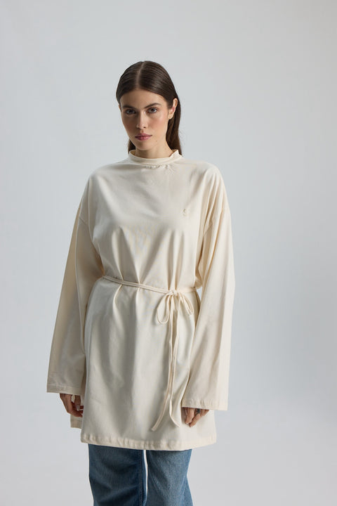 Dik Yaka 85 CM Tunik Krem