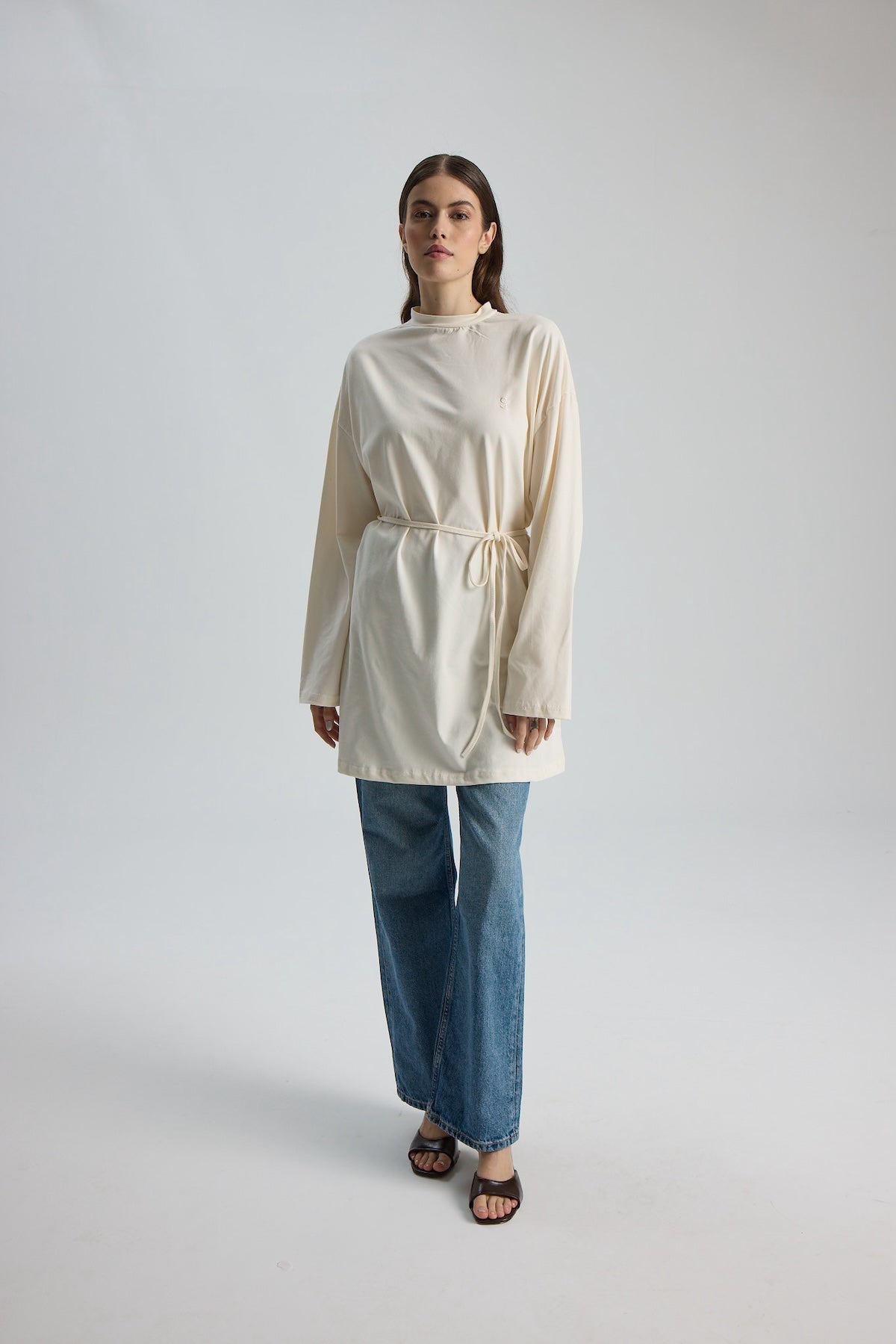 Dik Yaka 85 CM Tunik Krem