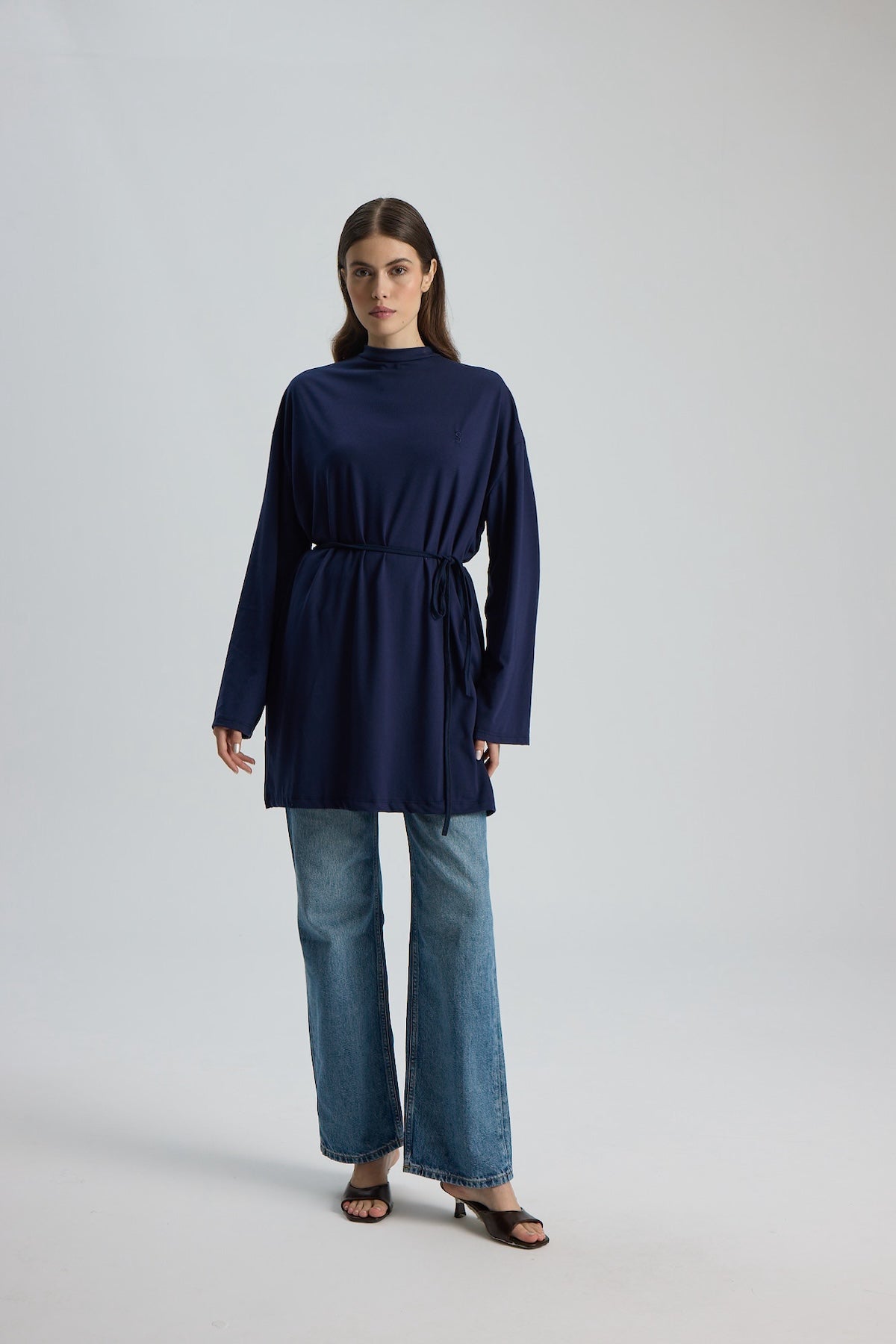 Dik Yaka 85 CM Tunik Lacivert