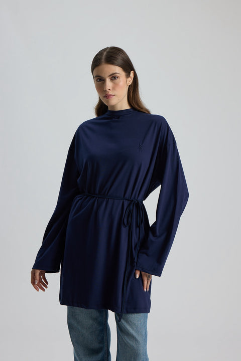 Dik Yaka 85 CM Tunik Lacivert