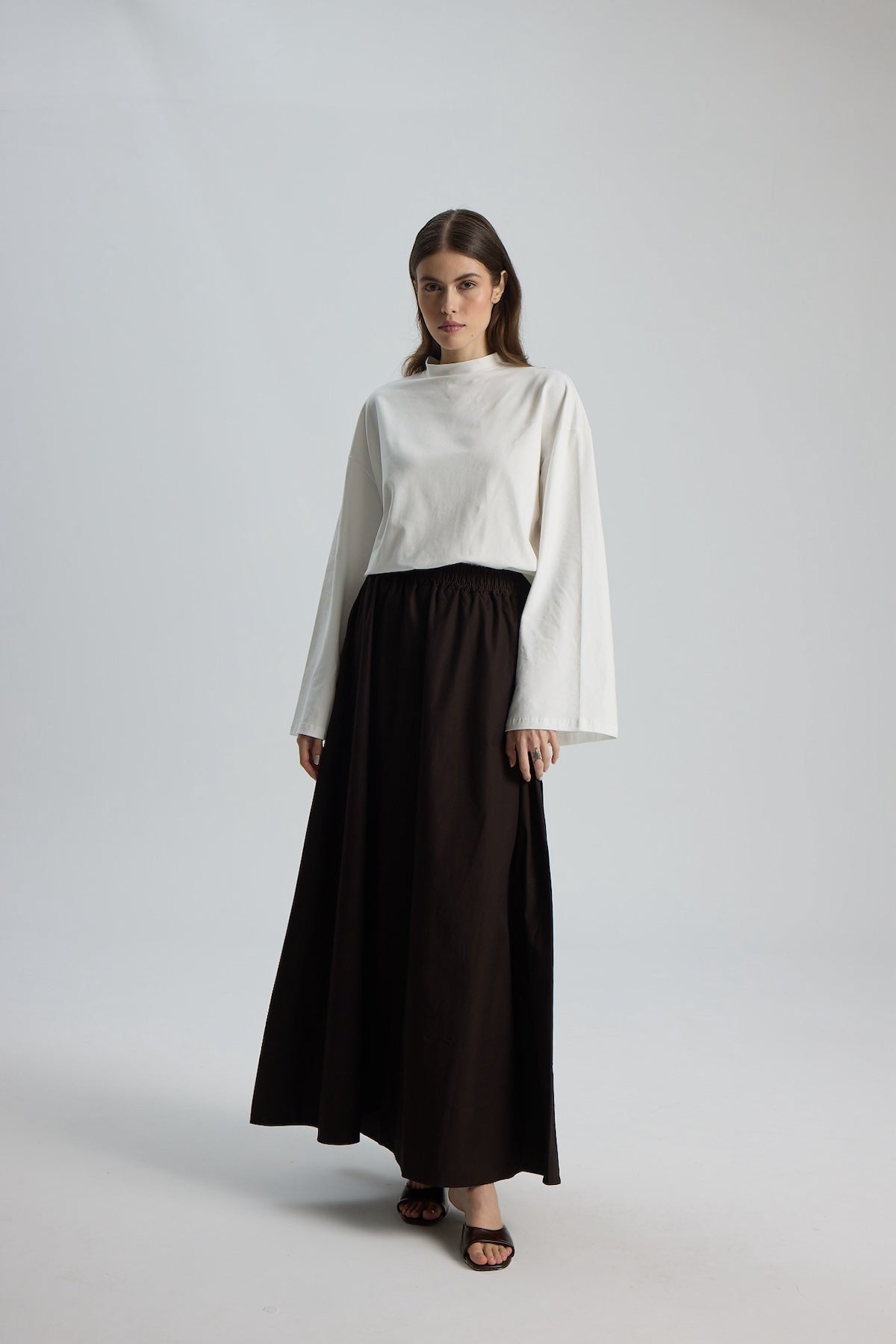 Düz Cepli Poplin Etek-100CM Acı Kahve